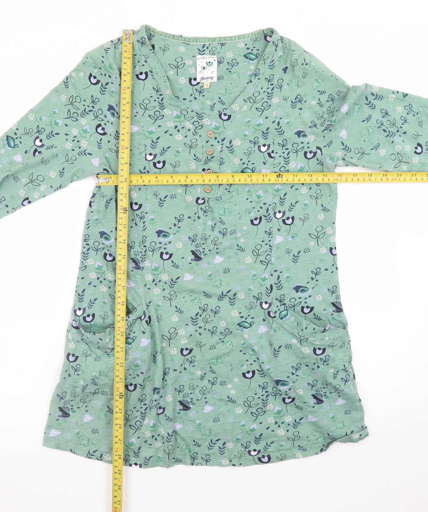 Mantaray Women’s Green Floral V-Neck Long Sleeve Tunic Blouse Size 14