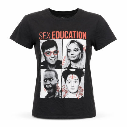 Front view of Sex Education Black Cotton Women's S Graphic Crew Neck T-Shirt