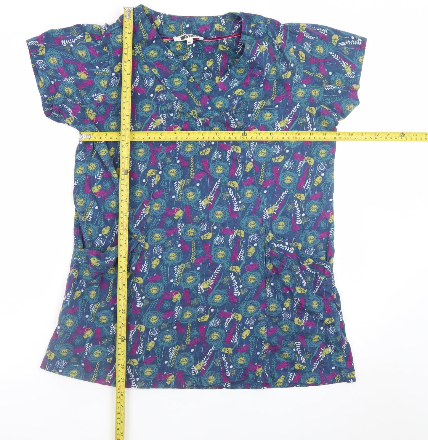 Mistral Women's Blue Cotton Tunic Blouse M Floral Print