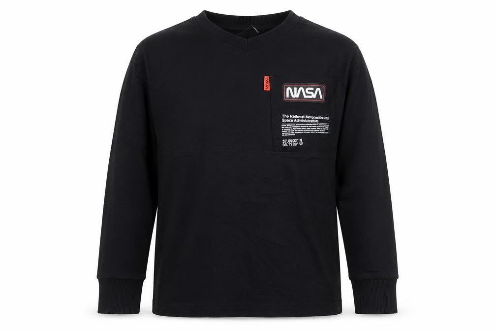 Front view of Next boys’ black nasa long sleeve t-shirt 6 years cotton graphic top