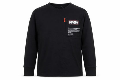 Front view of Next boys’ black nasa long sleeve t-shirt 6 years cotton graphic top