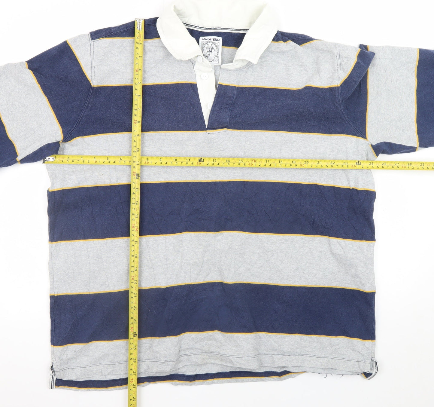 Lands' End Men's Blue Striped Long Sleeve Rugby Polo Shirt XL