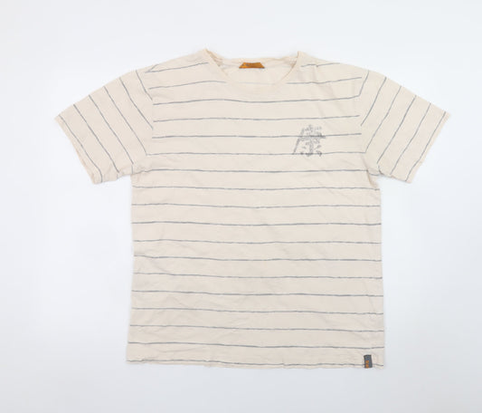 BHS Men's Beige Striped Graphic T-Shirt Large Classic Fit