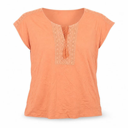 Damart Women Orange Cotton Crochet Trim Tunic Blouse Size L