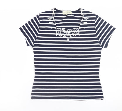 Bassini Women Blue Striped Embroidered Short Sleeve T-Shirt Size S