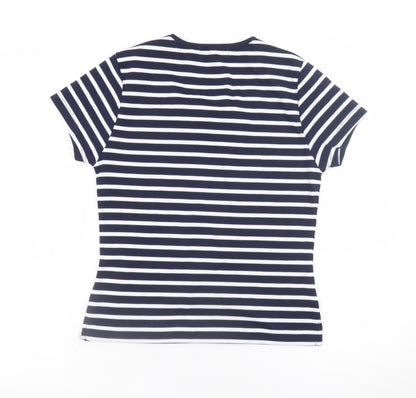 Bassini Women Blue Striped Embroidered Short Sleeve T-Shirt Size S