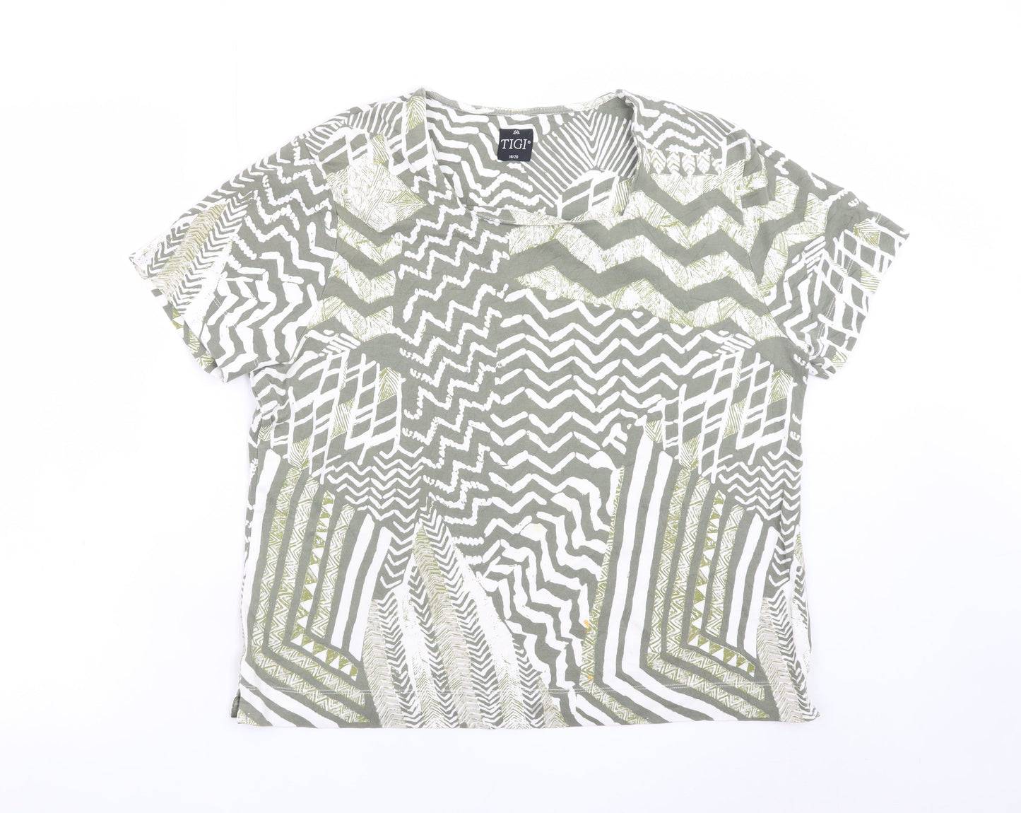 TIGI Women Green Geometric Print Cotton T-Shirt Size 18