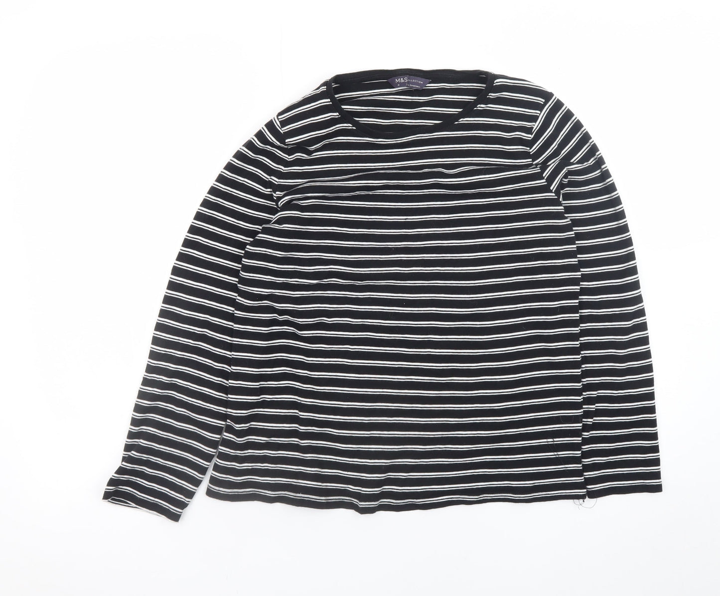 Marks and Spencer Womens Black Striped Long Sleeve Cotton T-Shirt Size 16