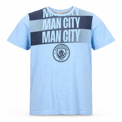 Front view of Manchester City boys’ blue 13-14 years cotton football graphic t-shirt