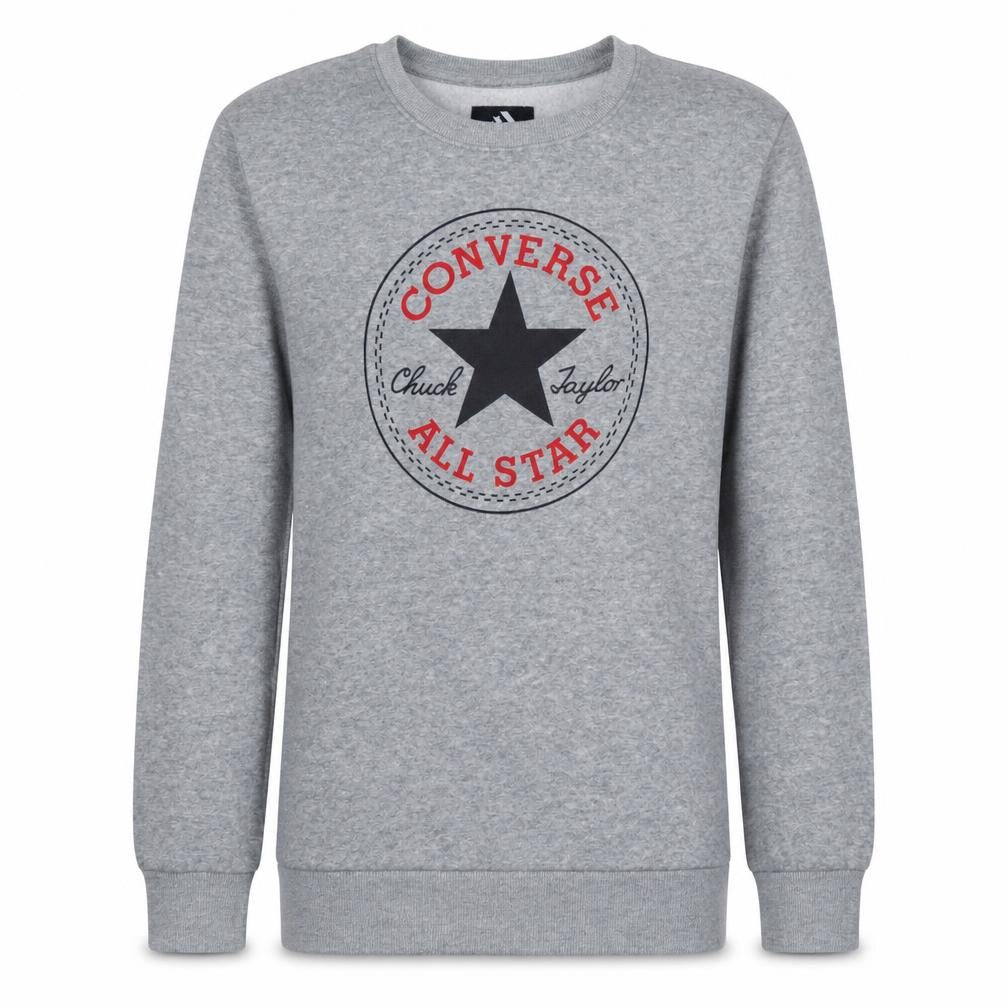 Front view of Converse boys’ grey crew neck pullover sweatshirt 13-15 years logo print