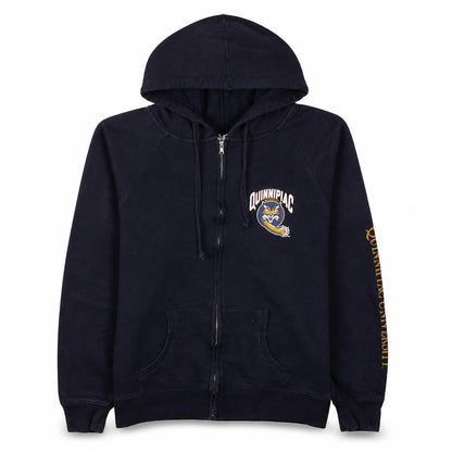 Front view of Champion men’s blue full zip hoodie m quinnipiac university fleece