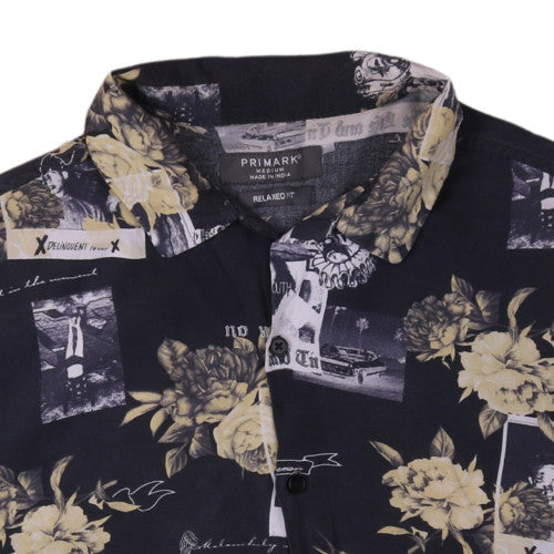Primark Men’s Black Floral Graphic Short Sleeve Relaxed Fit Shirt Medium