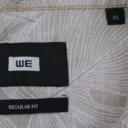 WE Men’s Beige Regular Fit Band Collar Short Sleeve Linen Cotton Shirt XL
