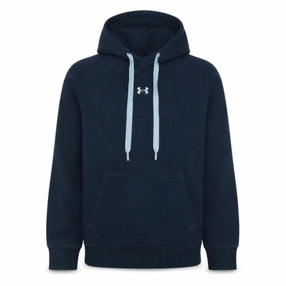 Front view of Under Armour Men Blue Pullover Hoodie, size S, Relaxed Fleece Sweatshirt