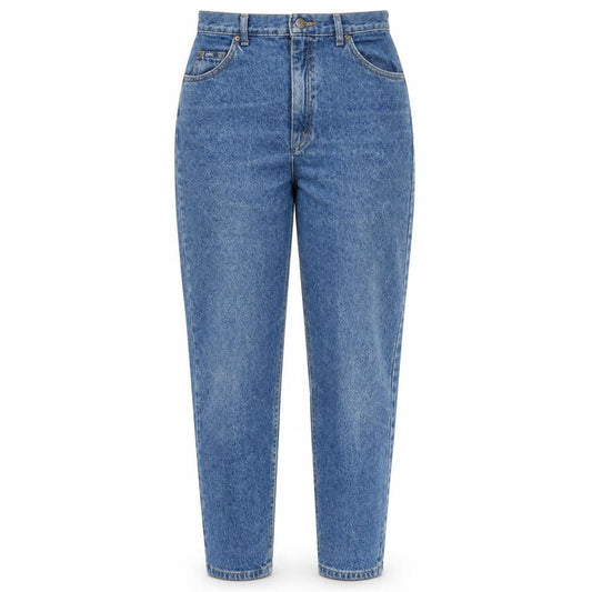Front view of Lee women’s blue high rise mom jeans, size UK 14, vintage 90s denim