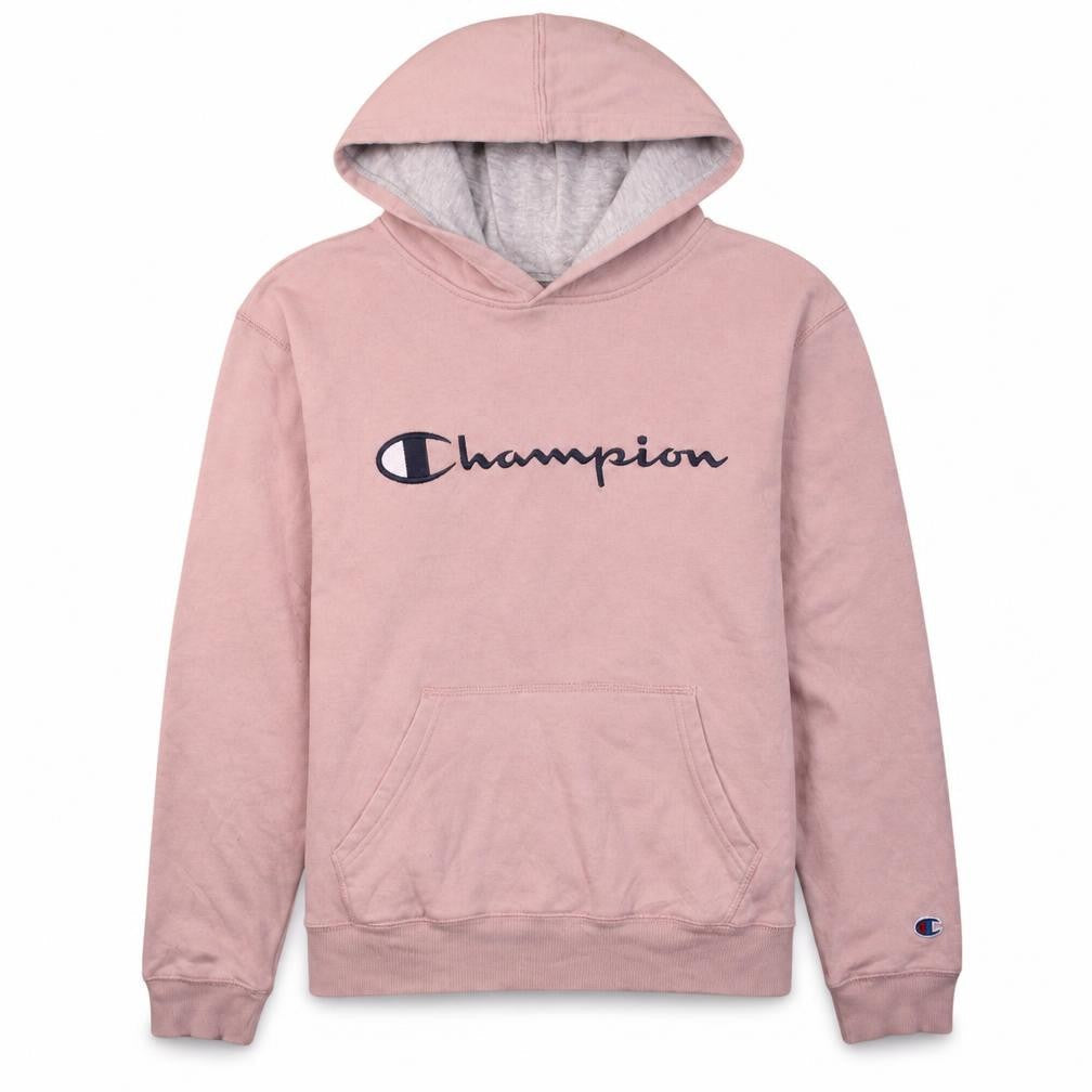 Front view of Champion girls’ pink xl pullover hoodie with logo design
