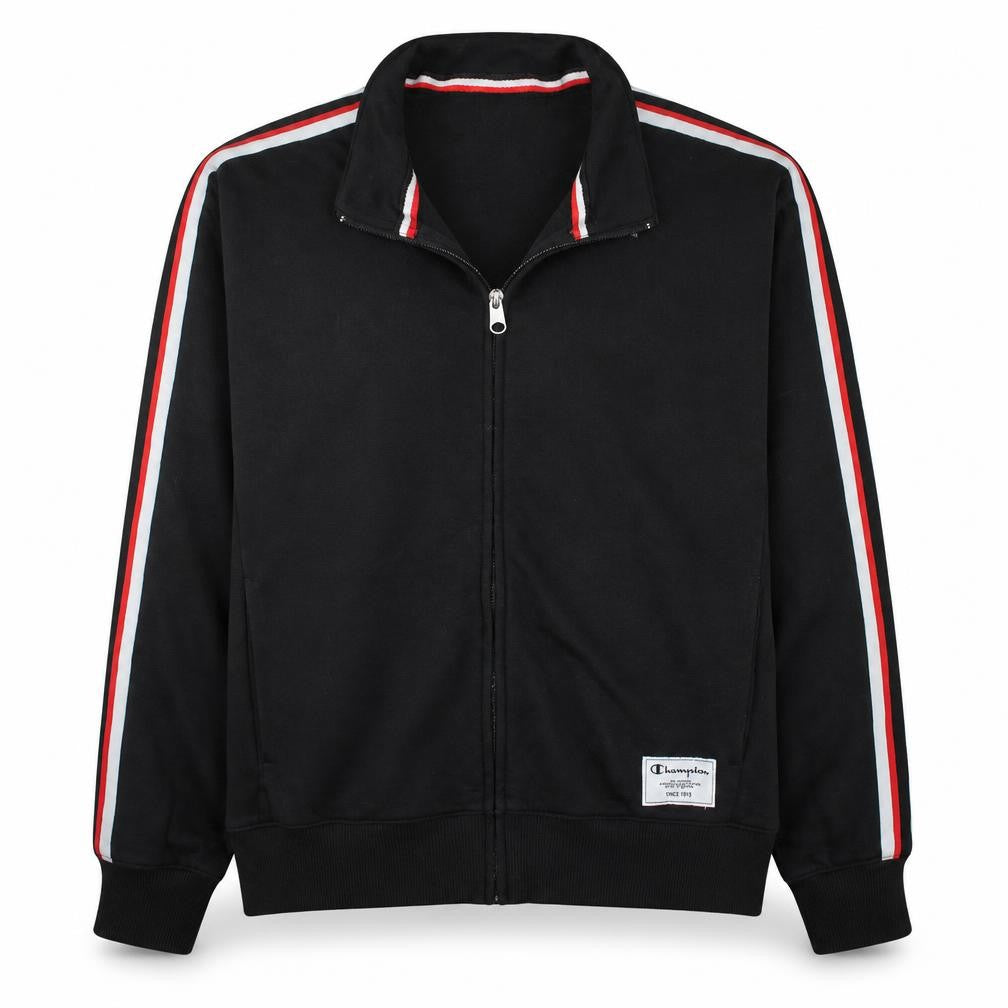 Front view of Champion Men's Black Track Jacket Large Full Zip Retro Sportswear