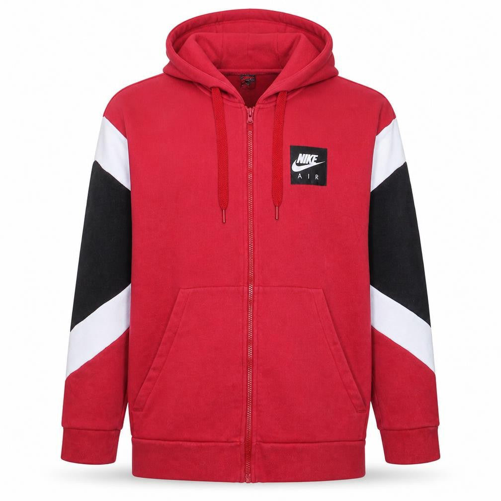 Front view of Nike Air Men's Red Full Zip Hoodie, size L, Sports Fleece Sweatshirt