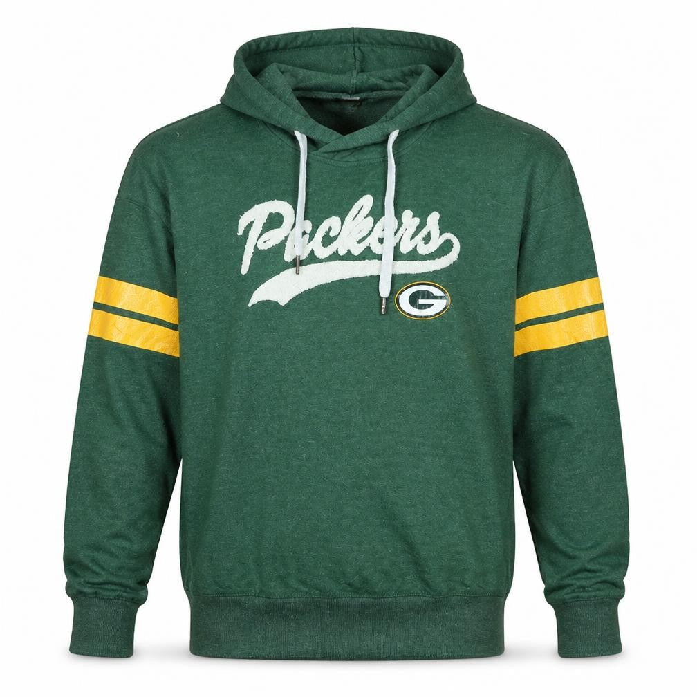 Front view of NFL Green Bay Packers unisex green pullover hoodie, size L