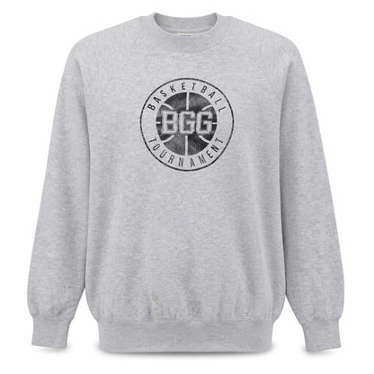 Front view of Russell men’s grey basketball tournament graphic sweatshirt l