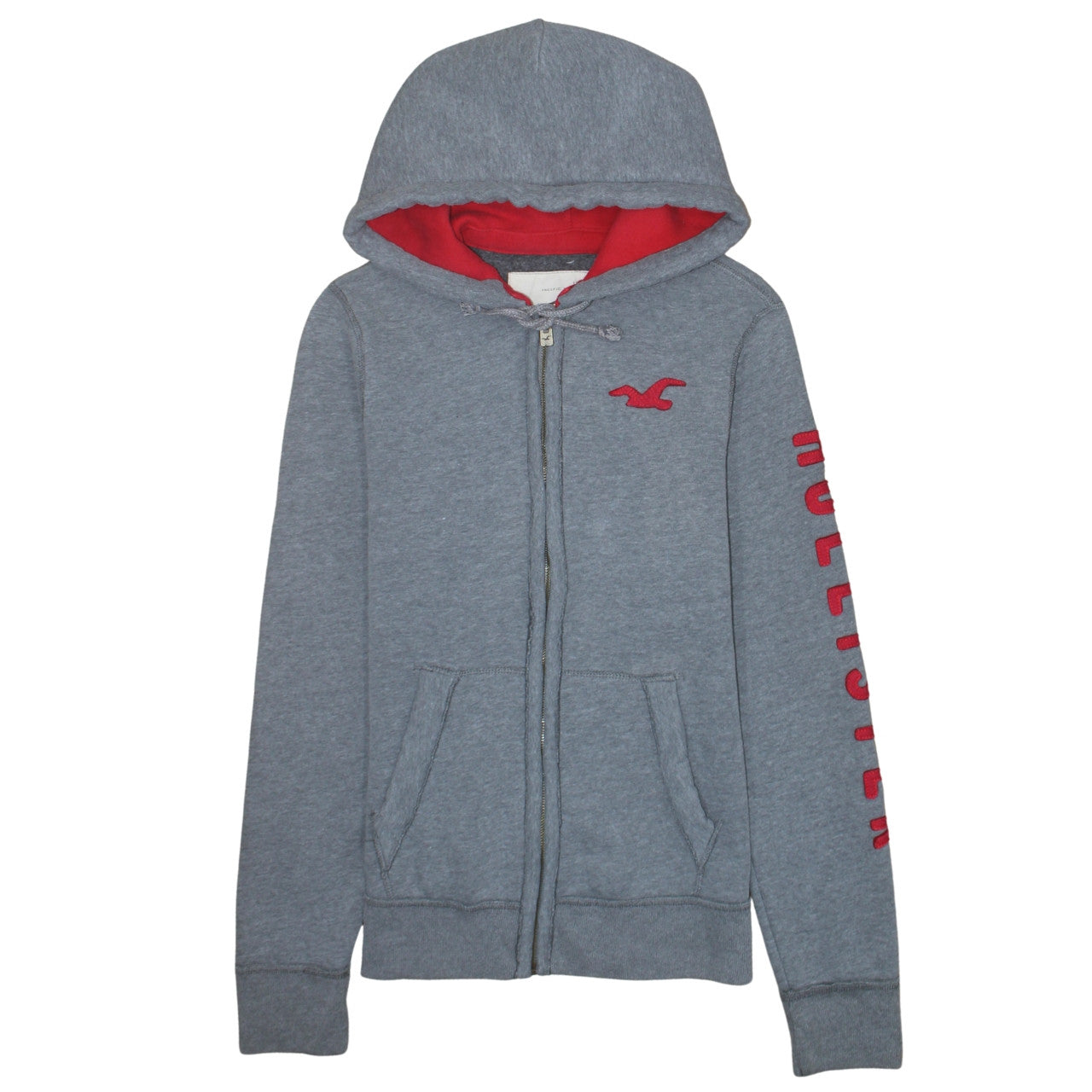 Hollister Men’s Grey Full Zip Hoodie M Red Logo Fleece Lined