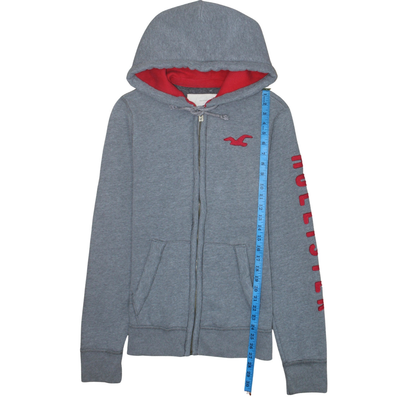 Hollister Men’s Grey Full Zip Hoodie M Red Logo Fleece Lined