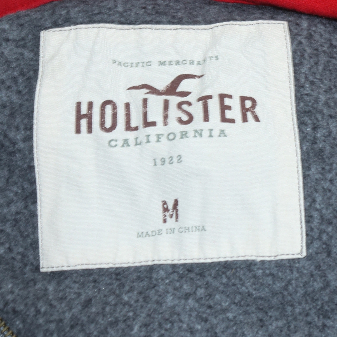Hollister Men’s Grey Full Zip Hoodie M Red Logo Fleece Lined