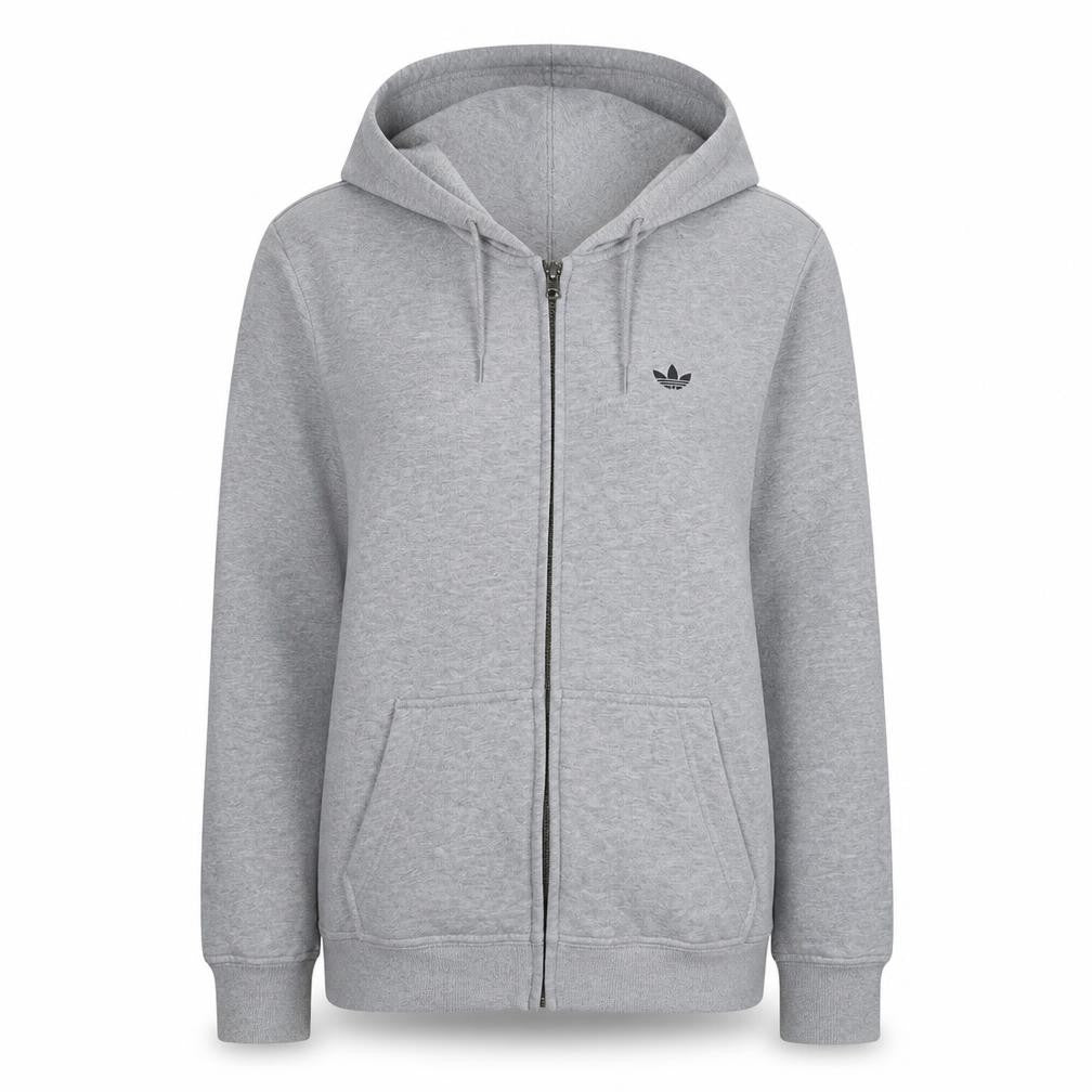 Front view of Adidas Women’s Grey Full Zip Hoodie, size UK 14, Classic Hooded Sweatshirt