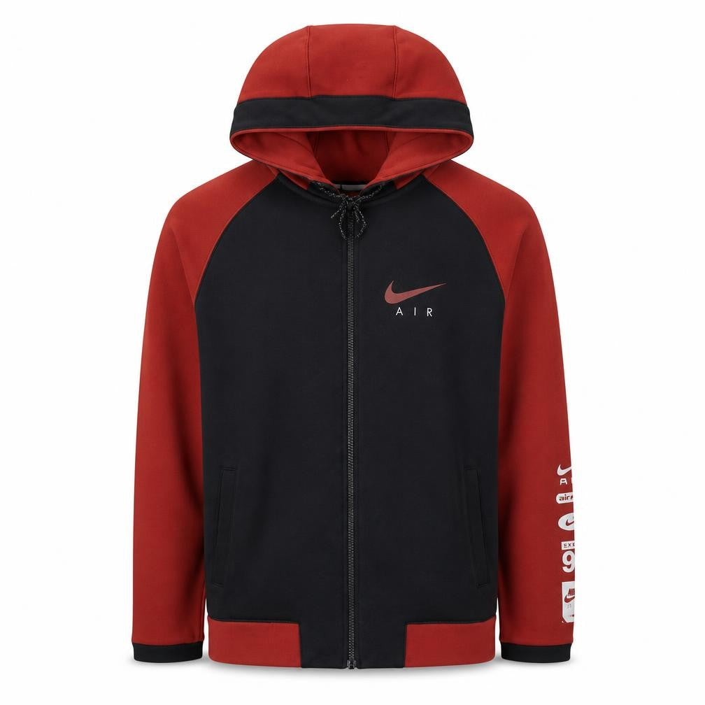 Front view of Nike Men’s Black Red Air Full Zip Hoodie, size S, Sportswear