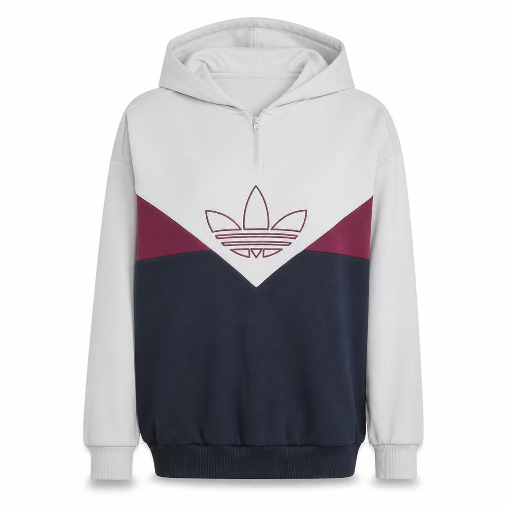 Front view of Adidas Women’s Beige & Navy Colourblock Hoodie, size UK 8, Full Zip Cotton Blend