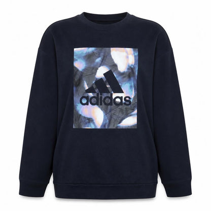 Front view of Adidas women’s navy xs crew neck graphic logo sweatshirt