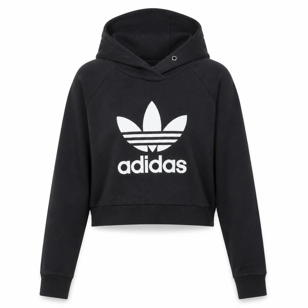 Front view of Adidas Women’s Black Cropped Hoodie, size UK 10, Logo Print Pullover