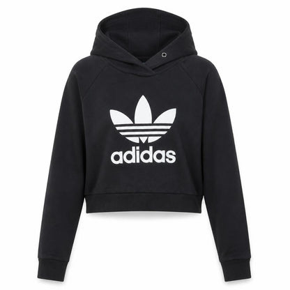Front view of Adidas Women’s Black Cropped Hoodie, size UK 10, Logo Print Pullover