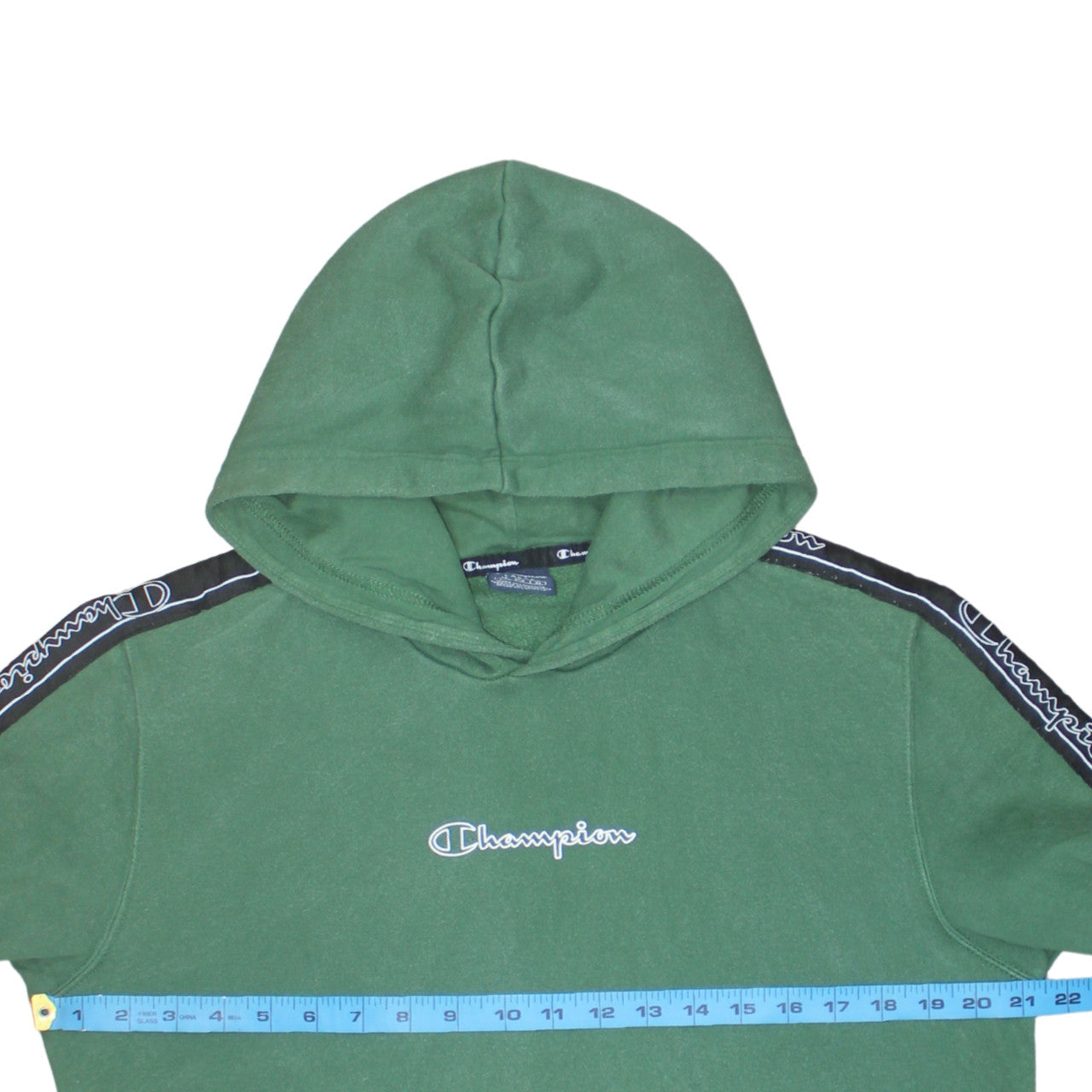 Champion Men Green Pullover Hoodie Large Logo Strip Sleeve Sportswear