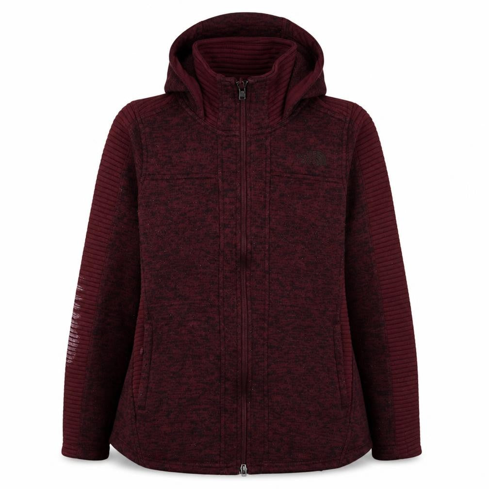 Front view of The North Face women’s burgundy full zip hoodie, size S, fleece lined outdoor
