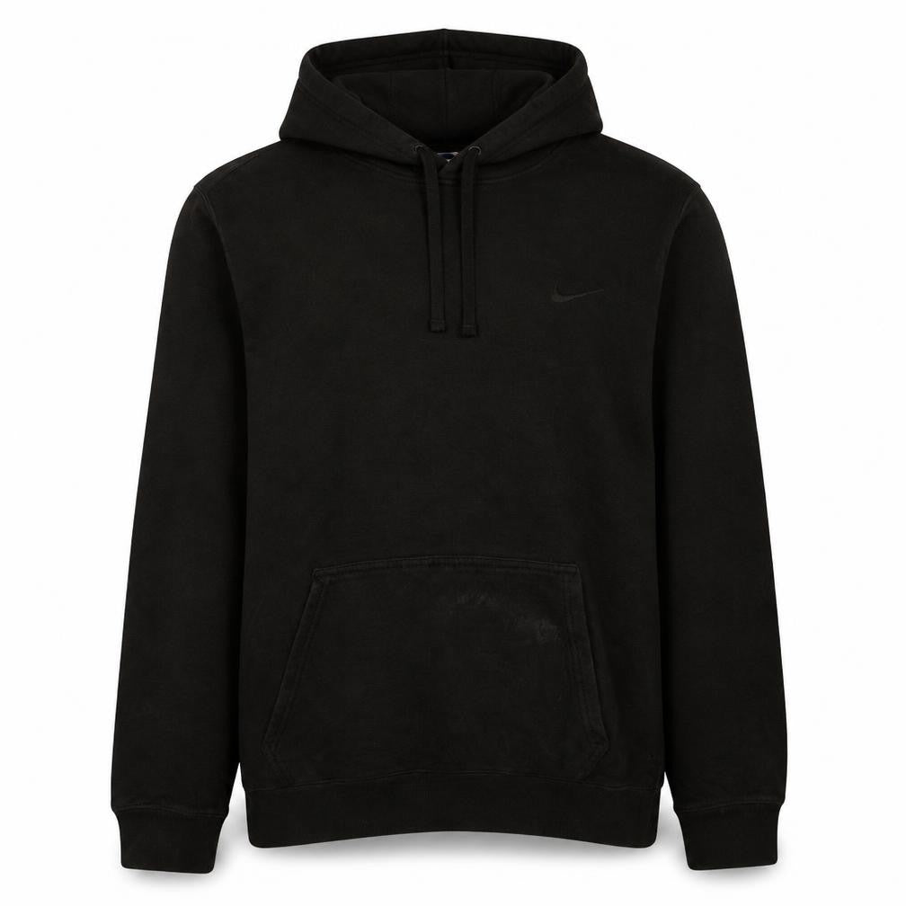 Front view of Nike Men's Black Pullover Hoodie, size S, Fleece Logo Sweatshirt