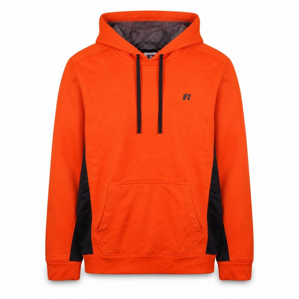 Front view of Russell Men's Orange Pullover Hoodie Small Regular Fit Fleece
