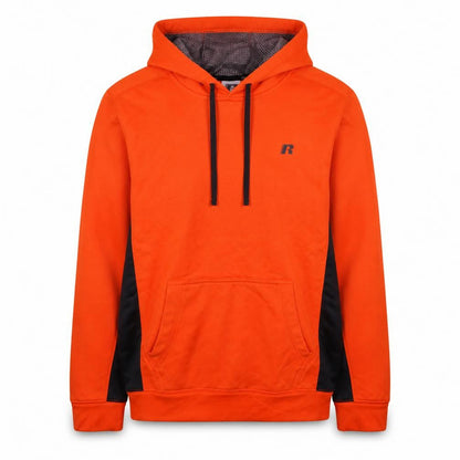Front view of Russell Men's Orange Pullover Hoodie Small Regular Fit Fleece
