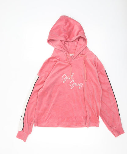 Boux Avenue Women's Pink Velour Girl Gang Pullover Hoodie UK 12