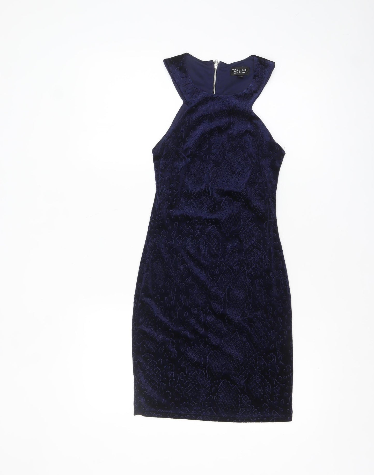 Topshop Women's Blue Velvet Bodycon Halter Sleeveless Dress UK 6