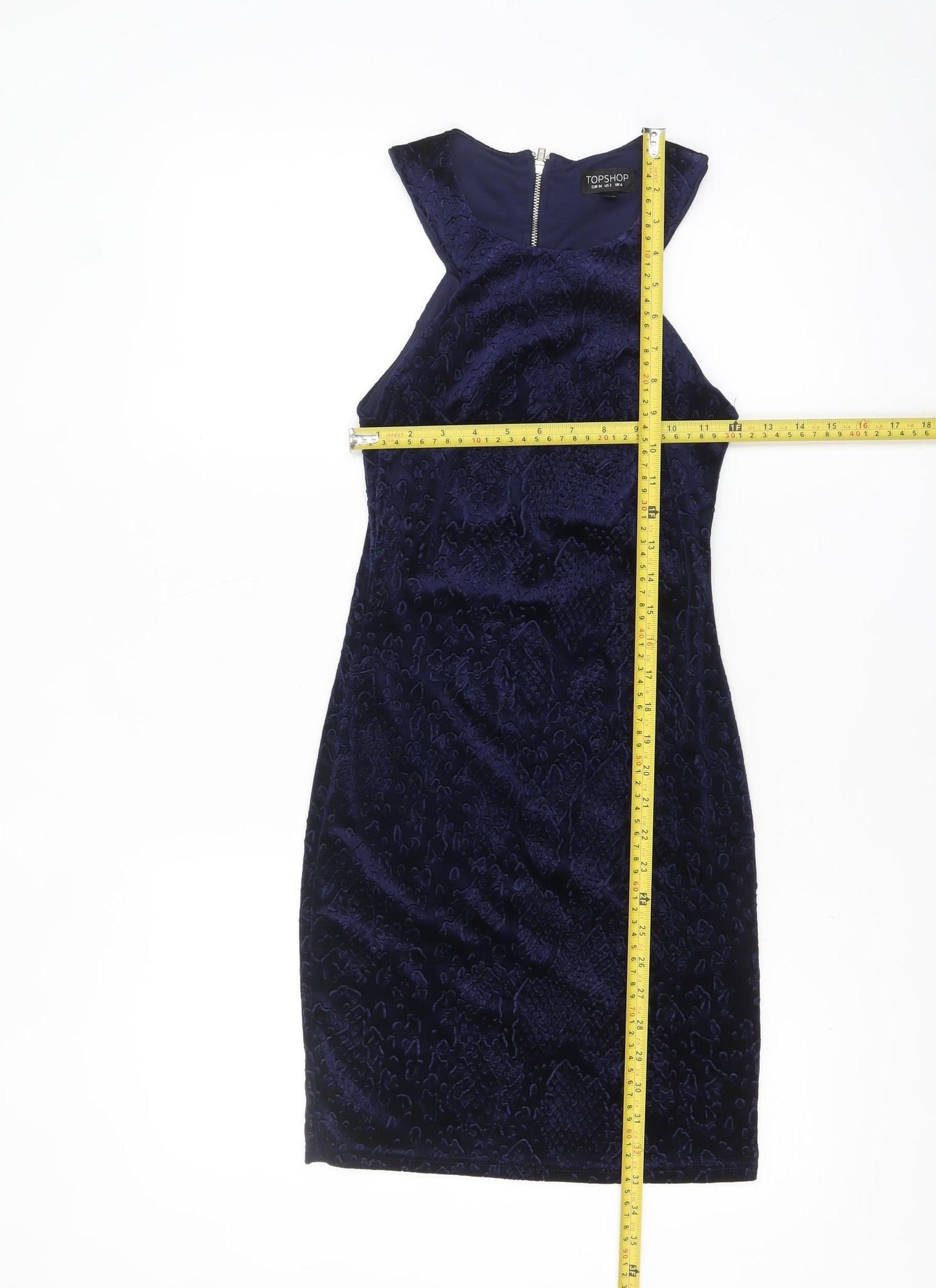 Topshop Women's Blue Velvet Bodycon Halter Sleeveless Dress UK 6