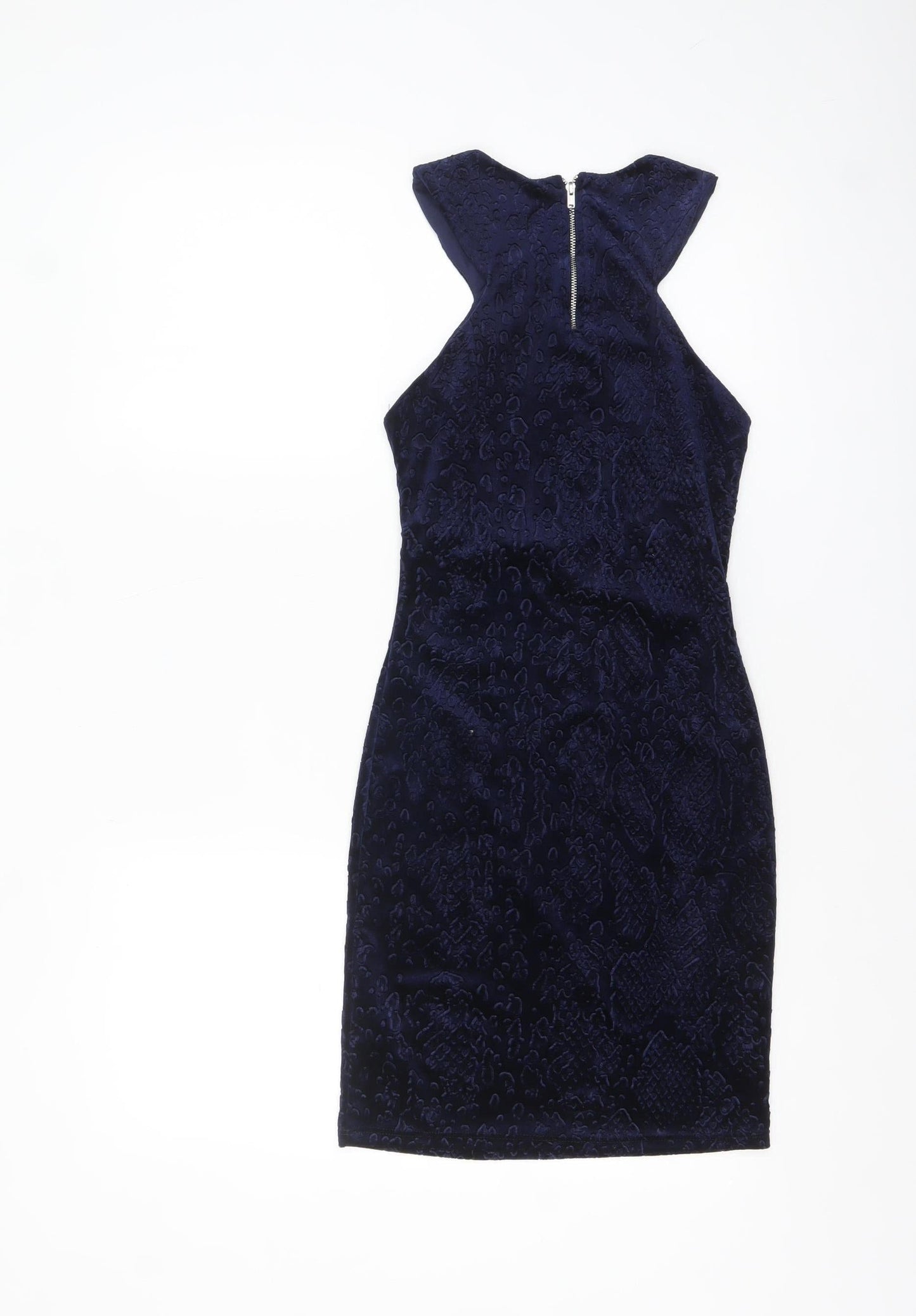Topshop Women's Blue Velvet Bodycon Halter Sleeveless Dress UK 6
