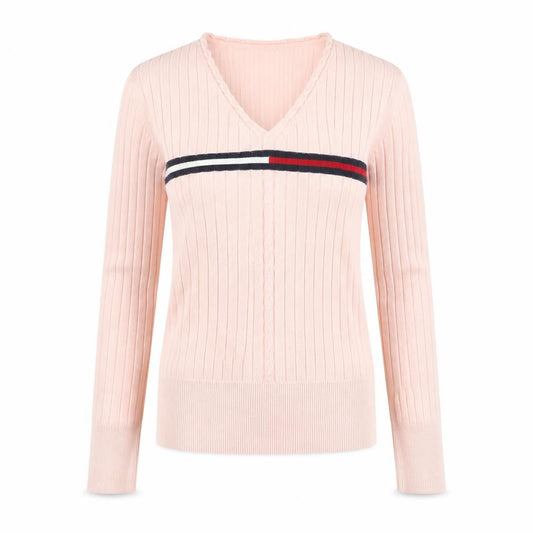Tommy Hilfiger Womens Pink Cotton V-Neck Ribbed Jumper XS