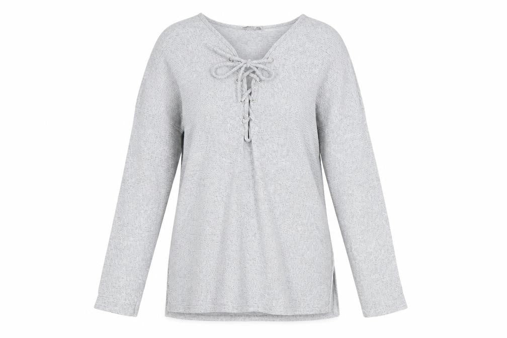 Front view of Missguided Women’s Grey Lace-Up Knit Tunic Top, size UK 8