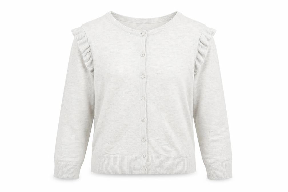 Front view of Red Herring Women Grey, size 10, Ruffle Long Sleeve Cardigan