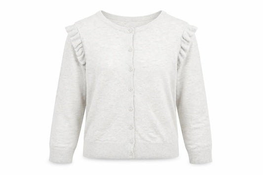 Front view of Red Herring Women Grey, size 10, Ruffle Long Sleeve Cardigan