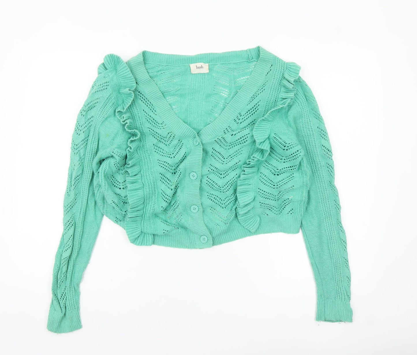 Hush Women's Green Ruffle Knit Cardigan Size S Open Knit Long Sleeve