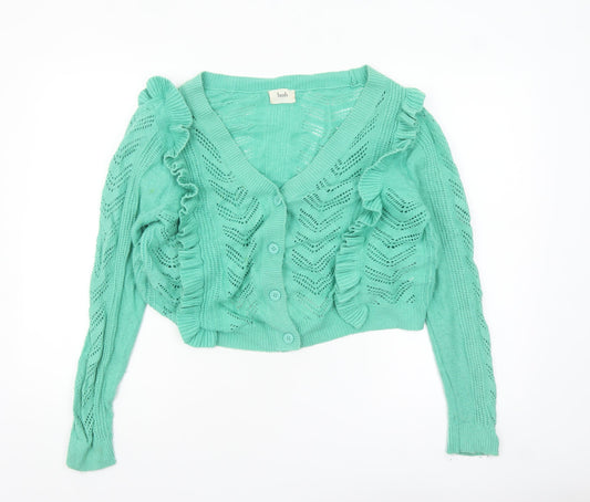 Hush Women's Green Ruffle Knit Cardigan Size S Open Knit Long Sleeve