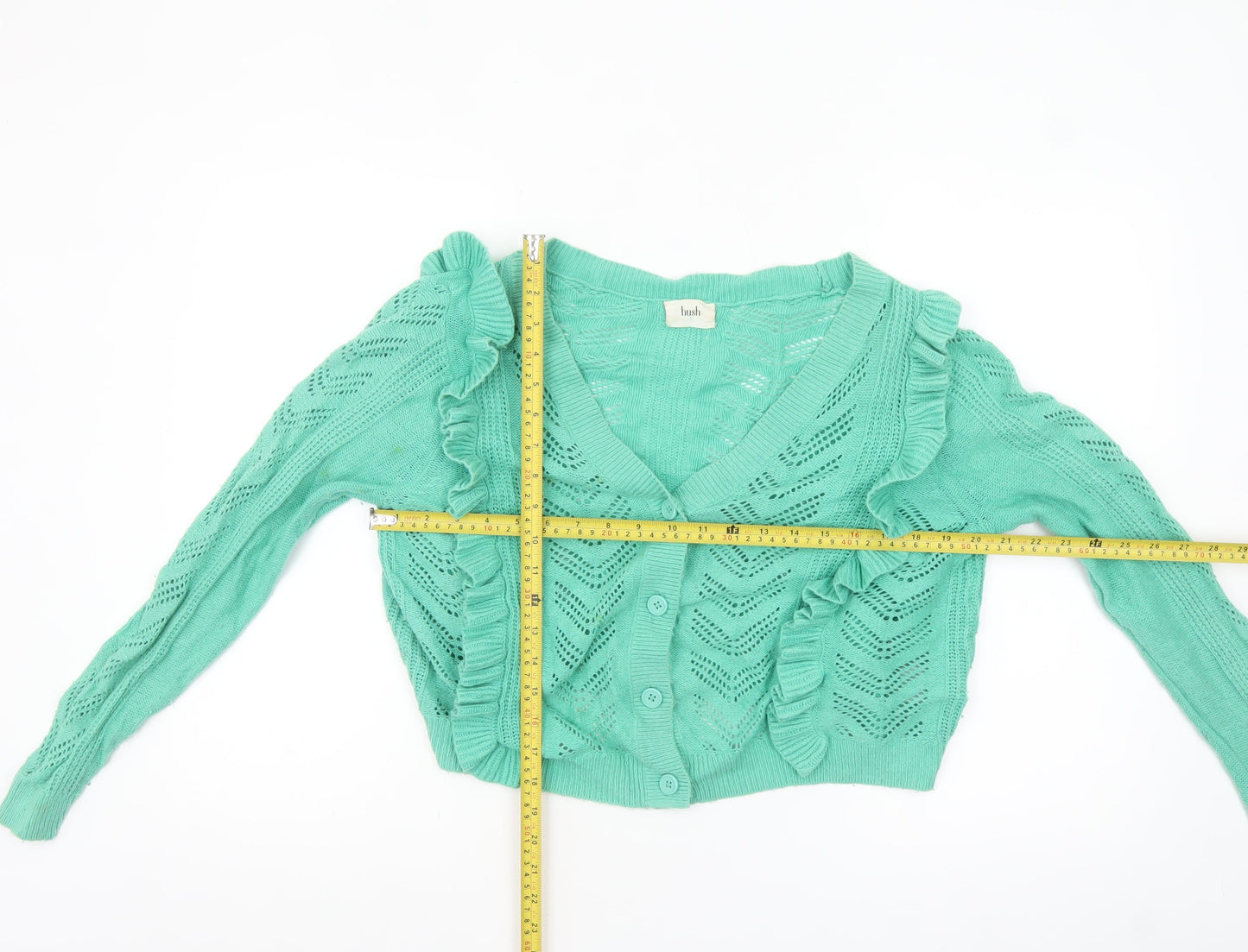 Hush Women's Green Ruffle Knit Cardigan Size S Open Knit Long Sleeve