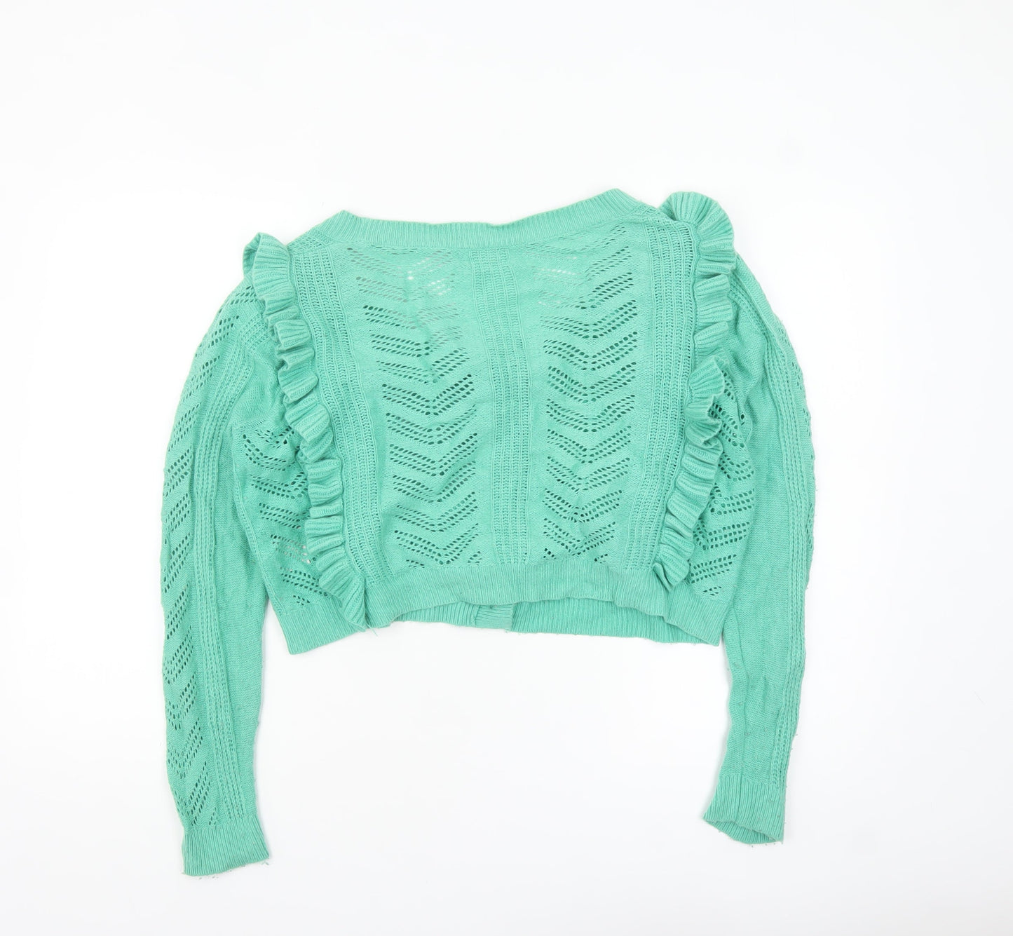Hush Women's Green Ruffle Knit Cardigan Size S Open Knit Long Sleeve